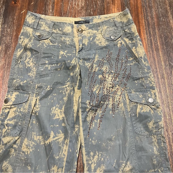Vintage baggy cargo pants Y2K camo print rhinestones green gray 0 mid rise - Picture 2 of 15